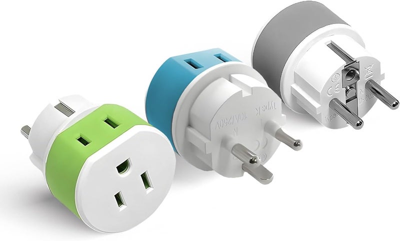 OREI Denmark Power Plug Adapter with 2 USA Inputs - Travel 3 Pack - 1 Type K & 2 Type E/F Safe Grounded Use with Cell Phones, Laptop, Camera Chargers, CPAP, and More - Image 1